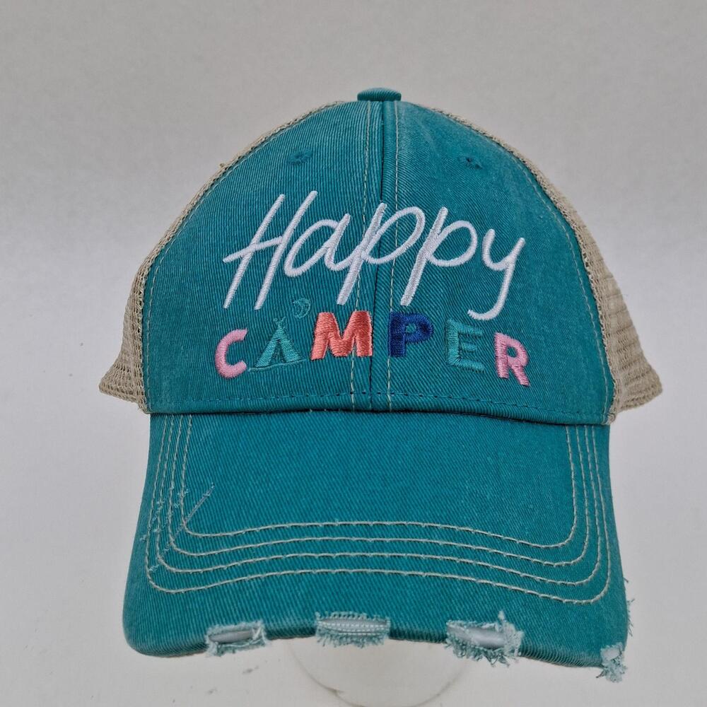 Katydid Happy Camper Hat Cap Strap Back One Size Blue Trucker Mesh Womens